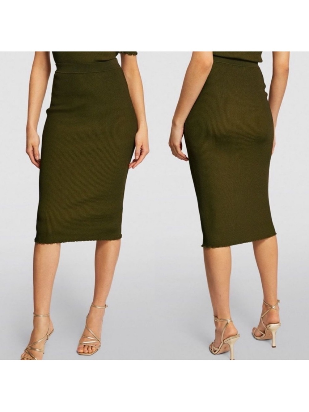 Good American Olive Green Ribbed Knit Midi Pencil Skirt Size 0 XS Women’s